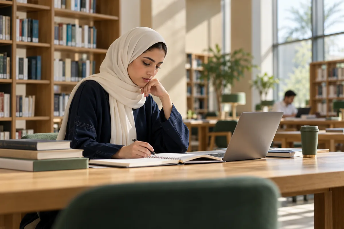 صورة توضيحية لطالبة تراجع خطتها في مكتبة جامعية